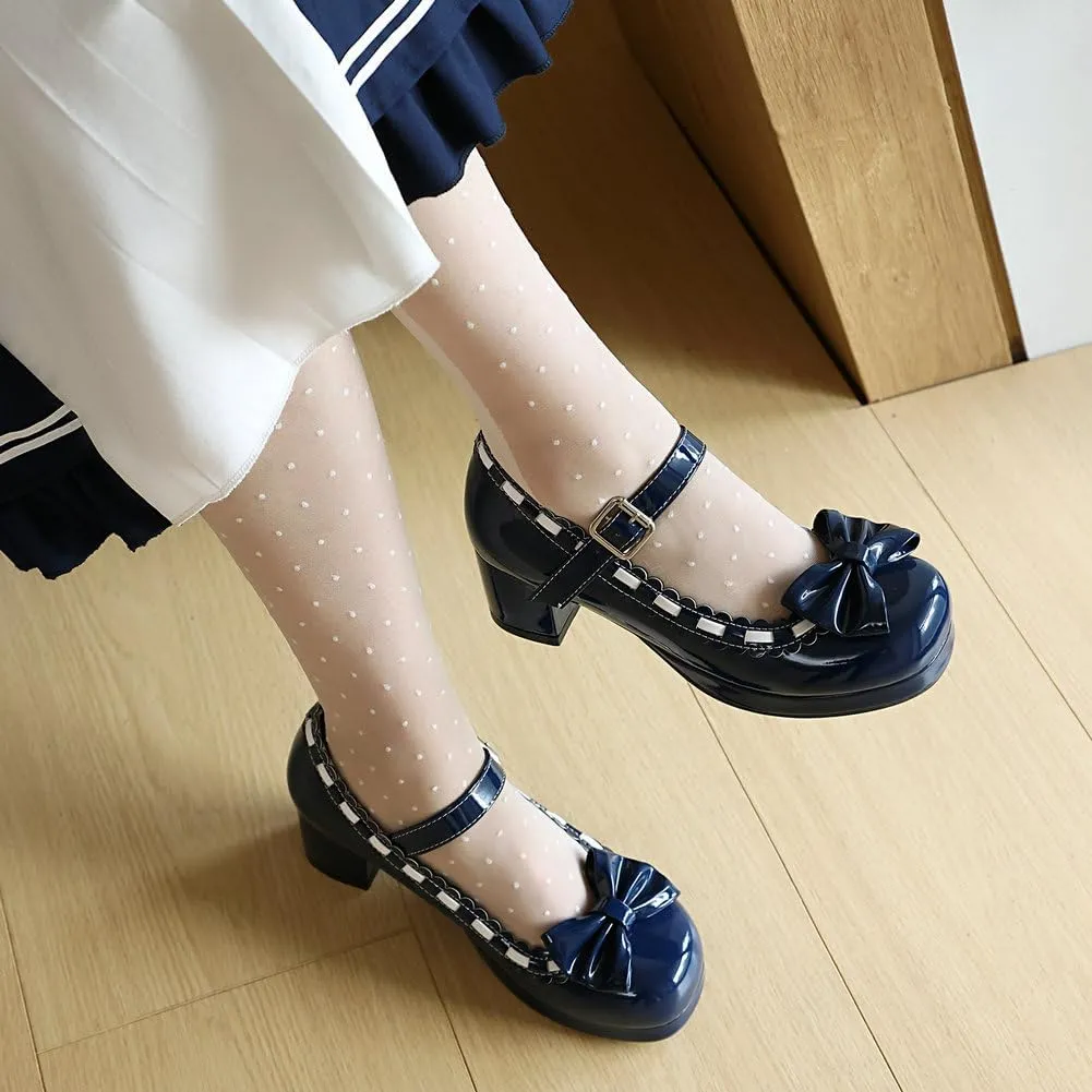 Women's Chunky Heel Platform Pumps Chic Bow Lolita Shoes Mary Jane High Heels Dress Shoes