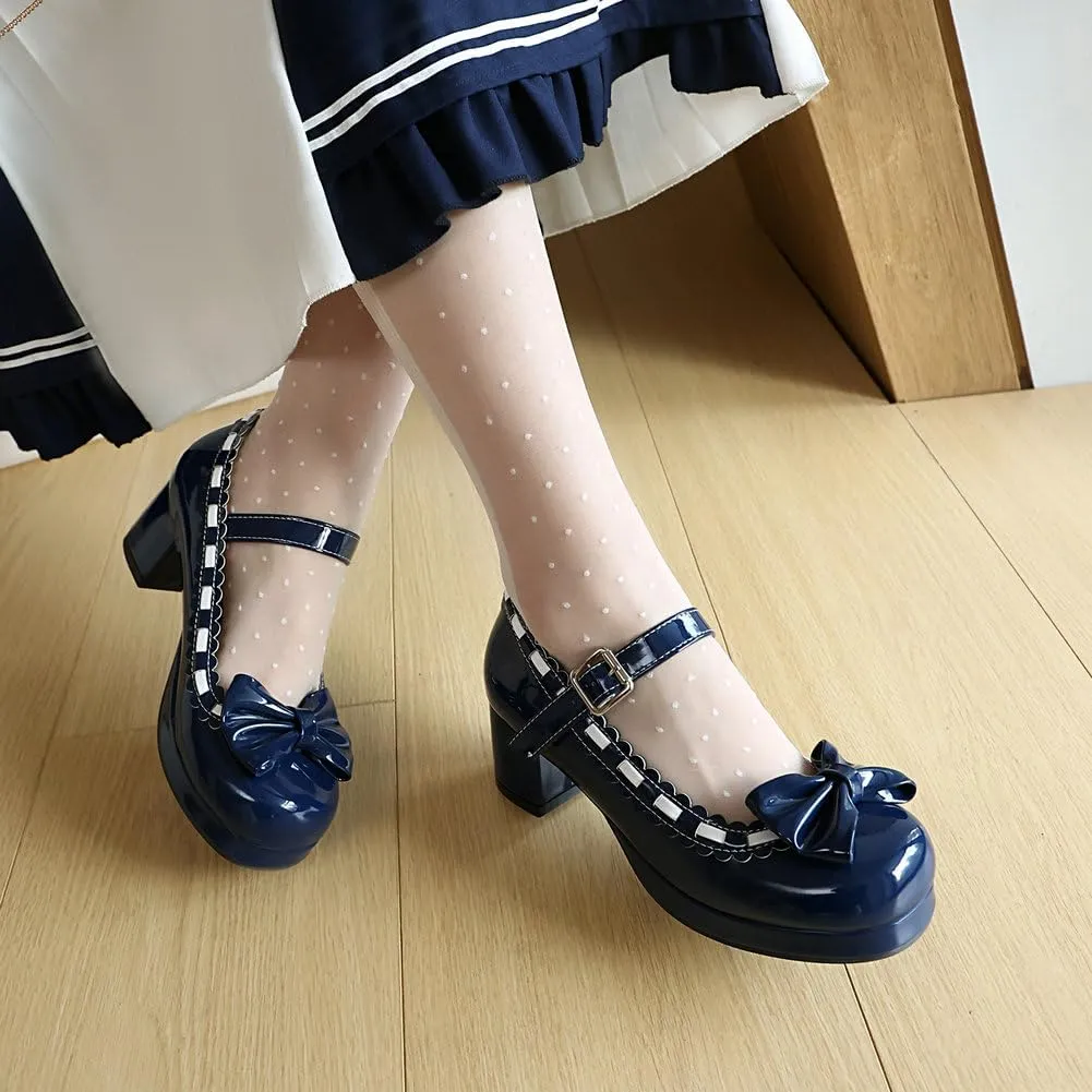 Women's Chunky Heel Platform Pumps Chic Bow Lolita Shoes Mary Jane High Heels Dress Shoes