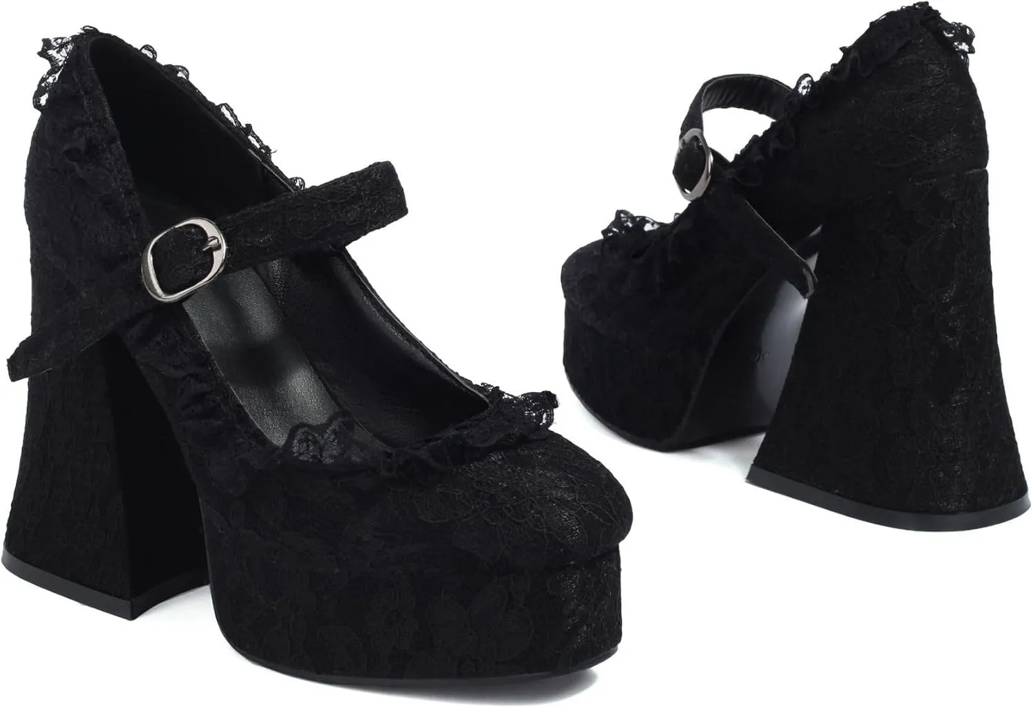 Women's Chunky High Heel Mary Janes Gothic Shoes Lace Flower Heels Goth Platform Dress Shoes for Women