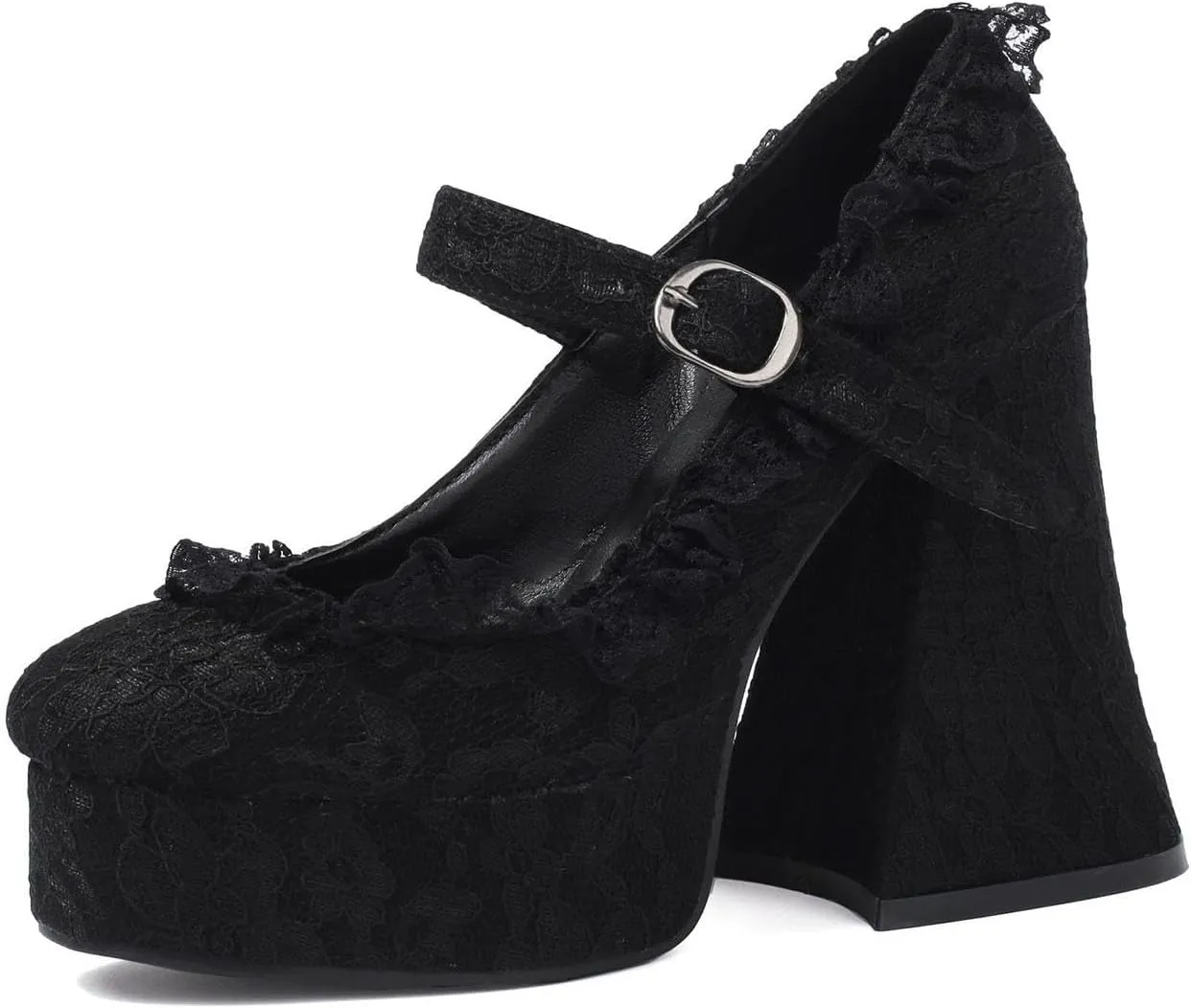 Women's Chunky High Heel Mary Janes Gothic Shoes Lace Flower Heels Goth Platform Dress Shoes for Women