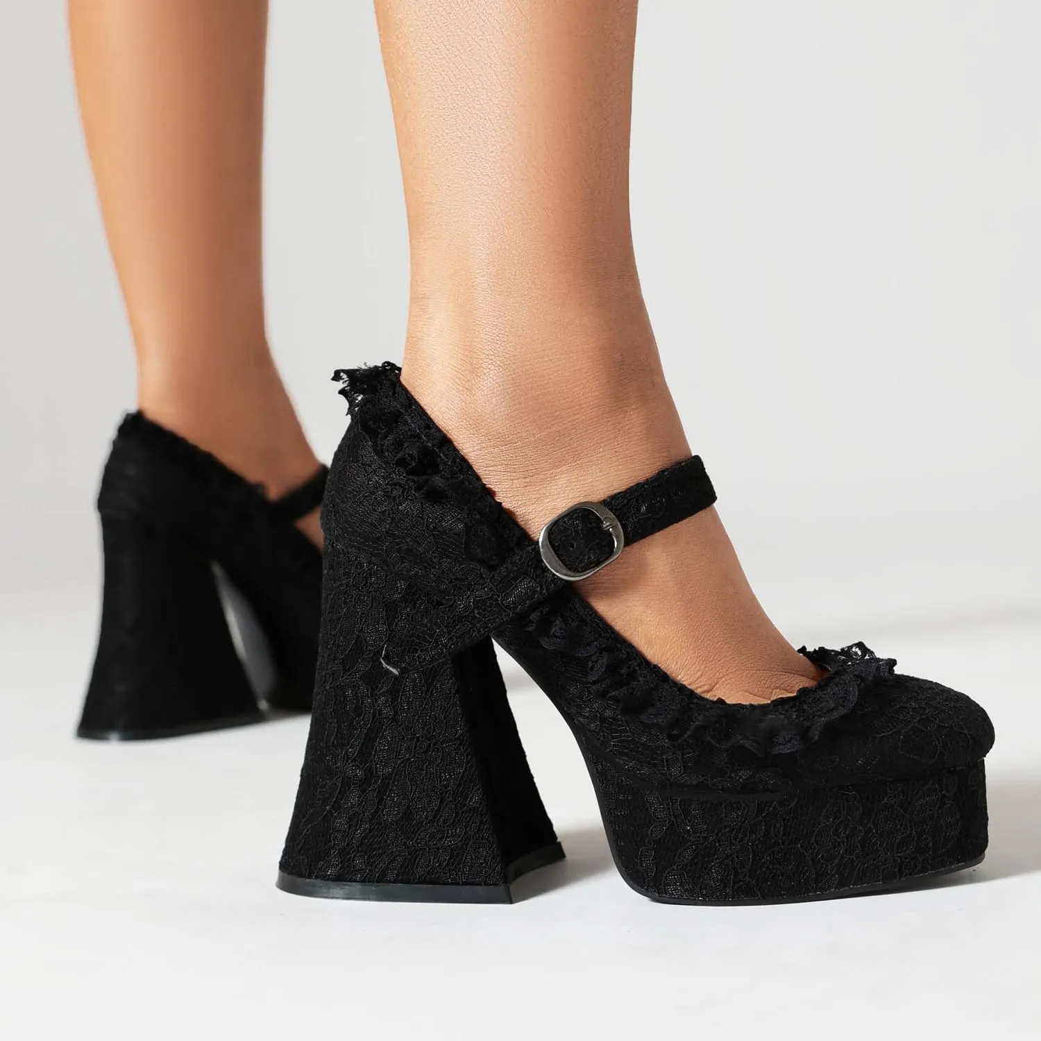 Women's Chunky High Heel Mary Janes Gothic Shoes Lace Flower Heels Goth Platform Dress Shoes for Women