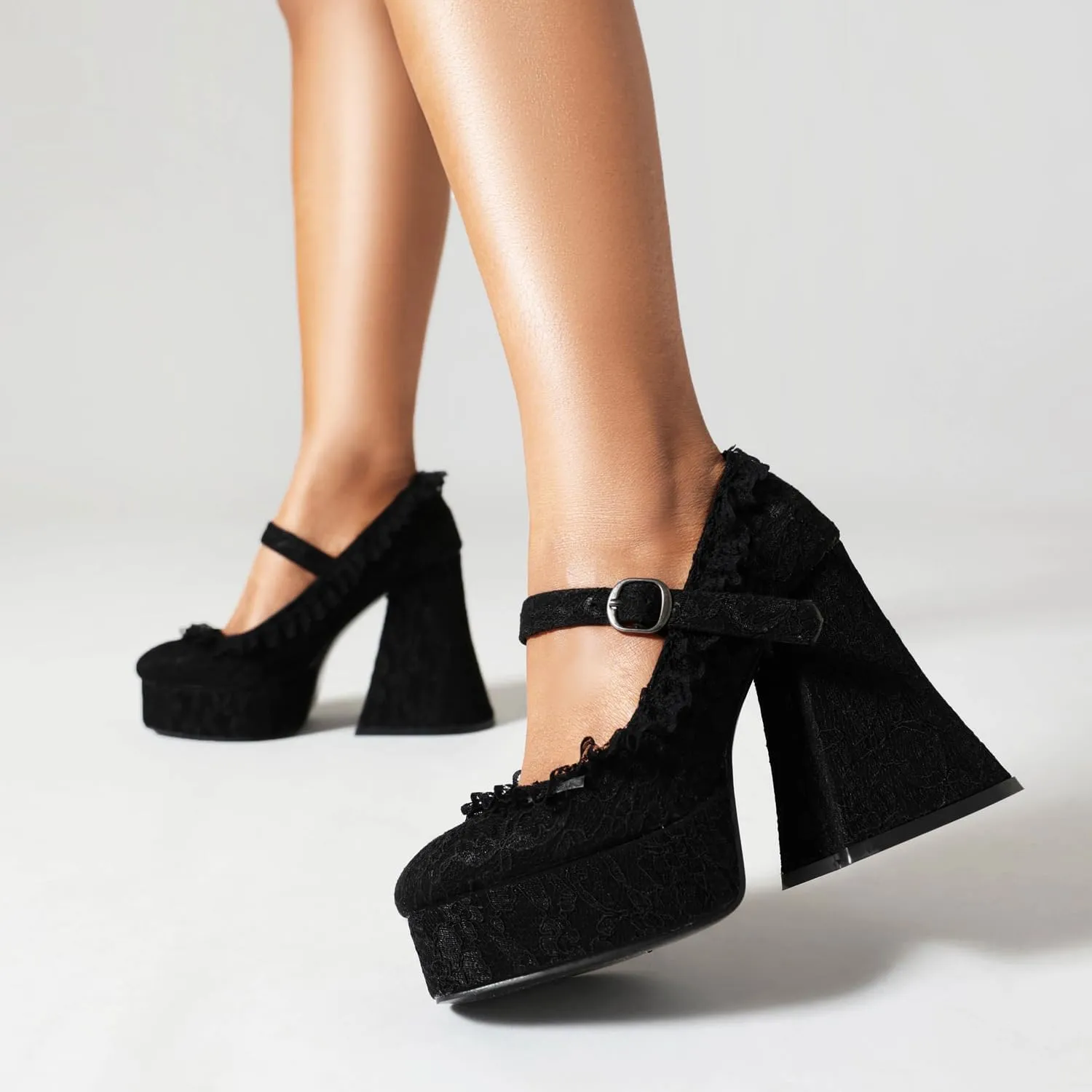 Women's Chunky High Heel Mary Janes Gothic Shoes Lace Flower Heels Goth Platform Dress Shoes for Women