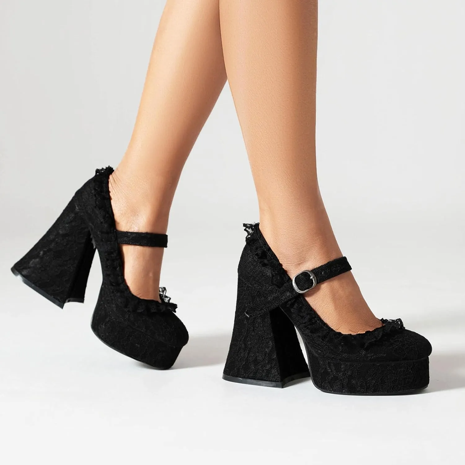 Women's Chunky High Heel Mary Janes Gothic Shoes Lace Flower Heels Goth Platform Dress Shoes for Women