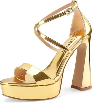 Women's Chunky High Heel Platform Sandals Open Peep Toe Ankle Strap Dress Strappy Heels with Single Cross Strap Buckle for Ladies Sexy Wedding 5 Inch