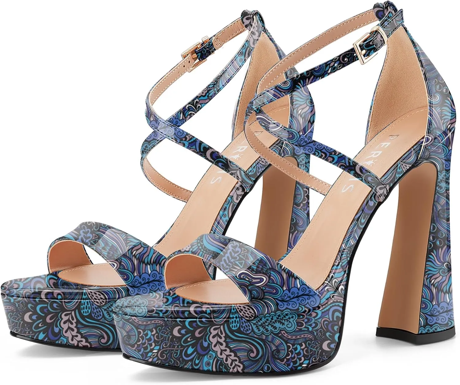 Women's Chunky High Heel Platform Sandals Open Peep Toe Ankle Strap Dress Strappy Heels with Single Cross Strap Buckle for Ladies Sexy Wedding 5 Inch