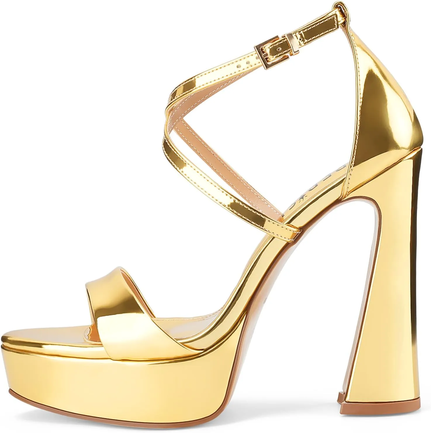 Women's Chunky High Heel Platform Sandals Open Peep Toe Ankle Strap Dress Strappy Heels with Single Cross Strap Buckle for Ladies Sexy Wedding 5 Inch