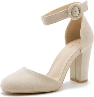 Women's Closed Toe Heels Ankle Strap Pumps Chunky Block High Heel D'Orsay Wedding Dress Shoes