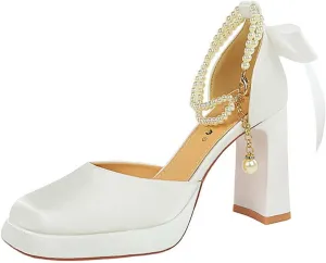 Women's Closed Toe Satin Back Bow Thick Heel Pearl Ankle Strap Platform High Heels Chunky Block Heels Comfortable Wedding Party Dress Shoes