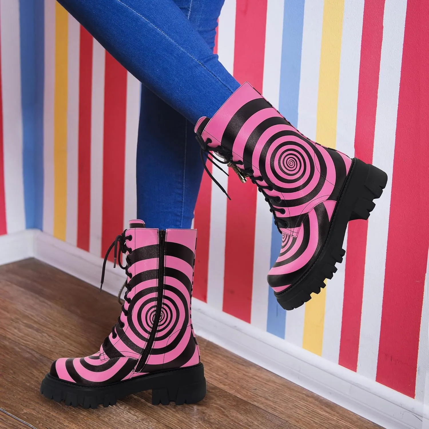 Women's Combat Boot Zebra Platform Ankle Adjustable Lace-Up Vamp Inside Zipper Fashion Party Boots
