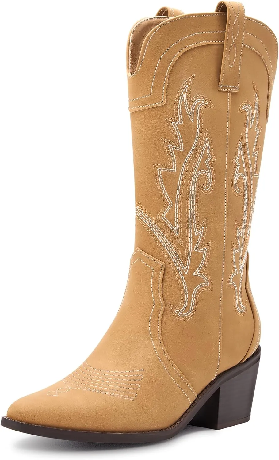 Women's Cowboy Boots Pointed Toe Western Boots Embroidered Mid-Calf Chunky Block Heel Cowgirl Boots
