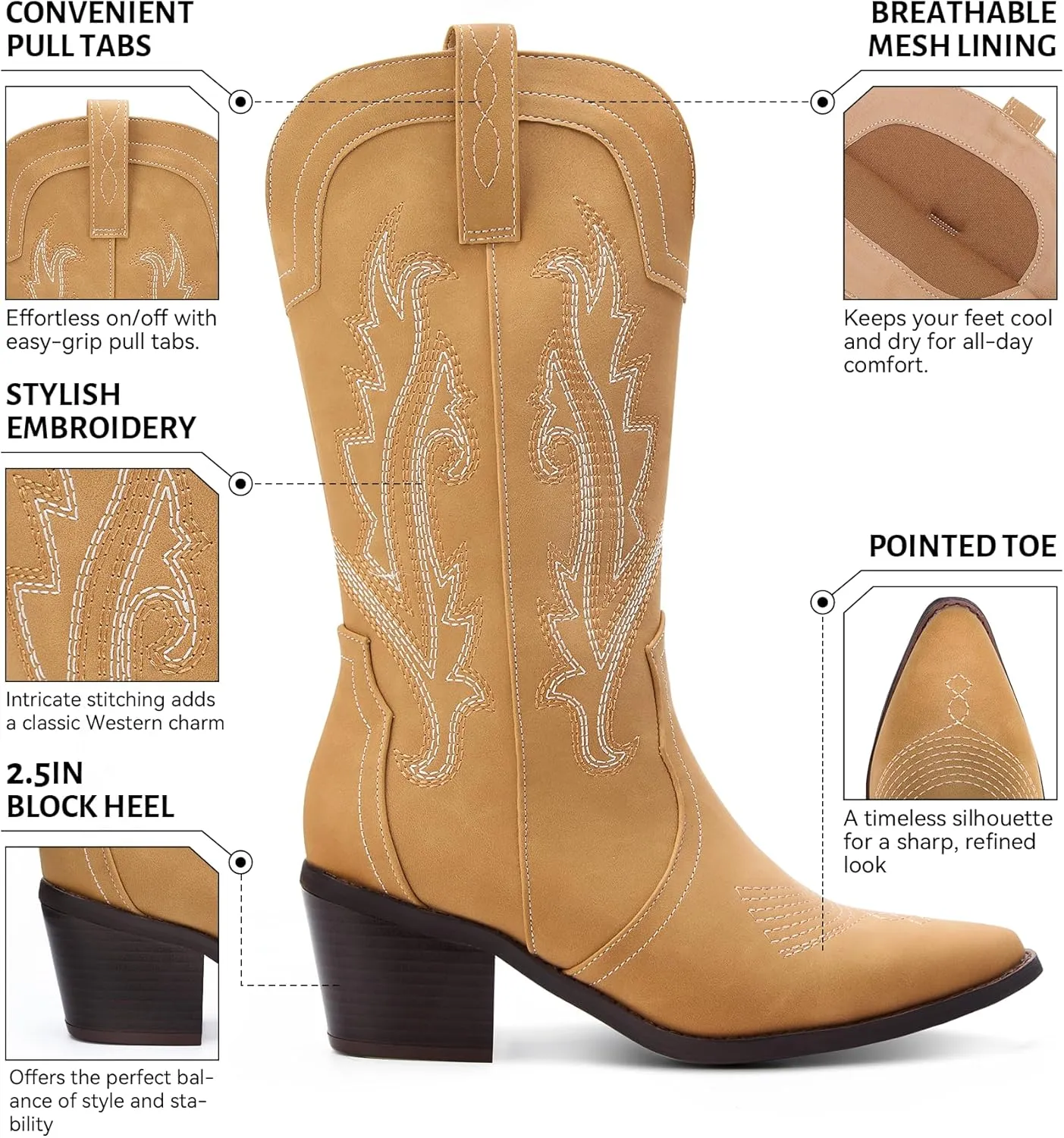 Women's Cowboy Boots Pointed Toe Western Boots Embroidered Mid-Calf Chunky Block Heel Cowgirl Boots