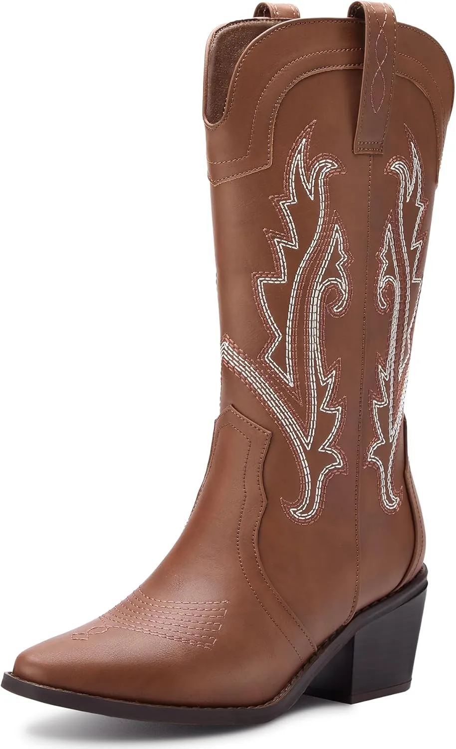 Women's Cowboy Boots Pointed Toe Western Boots Embroidered Mid-Calf Chunky Block Heel Cowgirl Boots
