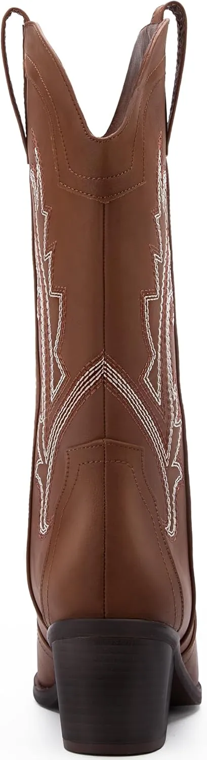 Women's Cowboy Boots Pointed Toe Western Boots Embroidered Mid-Calf Chunky Block Heel Cowgirl Boots