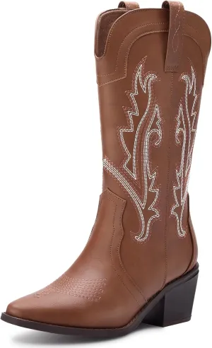 Women's Cowboy Boots Pointed Toe Western Boots Embroidered Mid-Calf Chunky Block Heel Cowgirl Boots