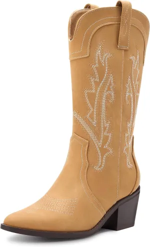 Women's Cowboy Boots Pointed Toe Western Boots Embroidered Mid-Calf Chunky Block Heel Cowgirl Boots