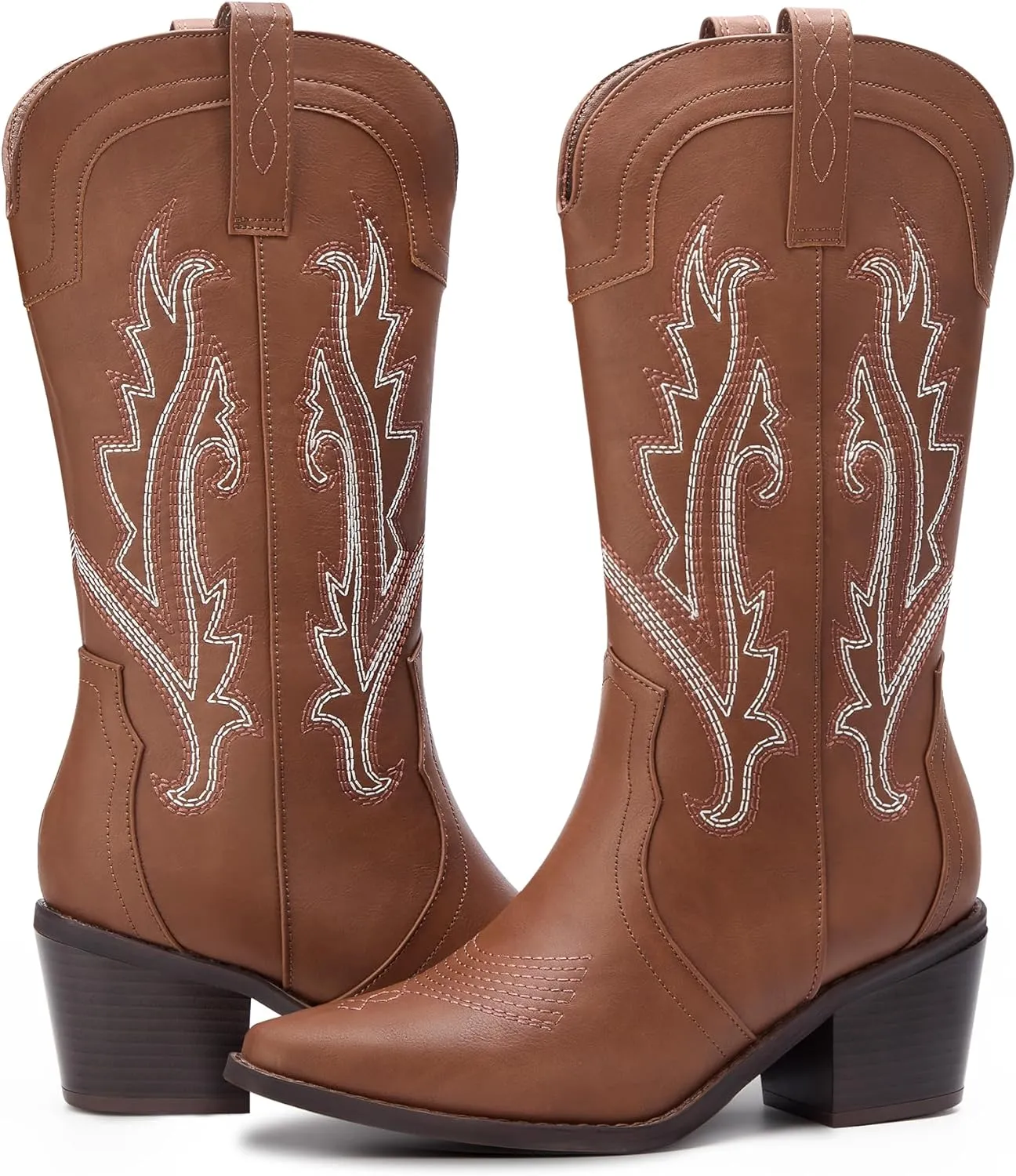 Women's Cowboy Boots Pointed Toe Western Boots Embroidered Mid-Calf Chunky Block Heel Cowgirl Boots