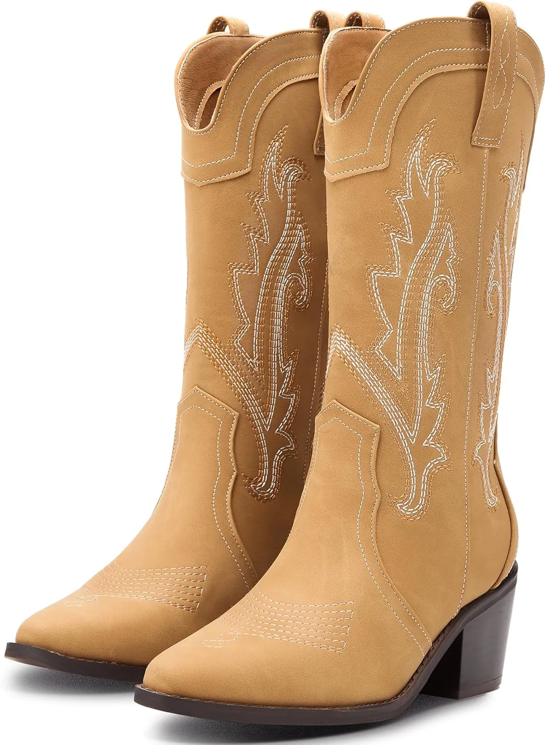 Women's Cowboy Boots Pointed Toe Western Boots Embroidered Mid-Calf Chunky Block Heel Cowgirl Boots