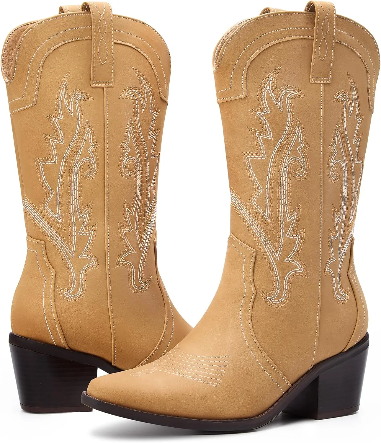 Women's Cowboy Boots Pointed Toe Western Boots Embroidered Mid-Calf Chunky Block Heel Cowgirl Boots