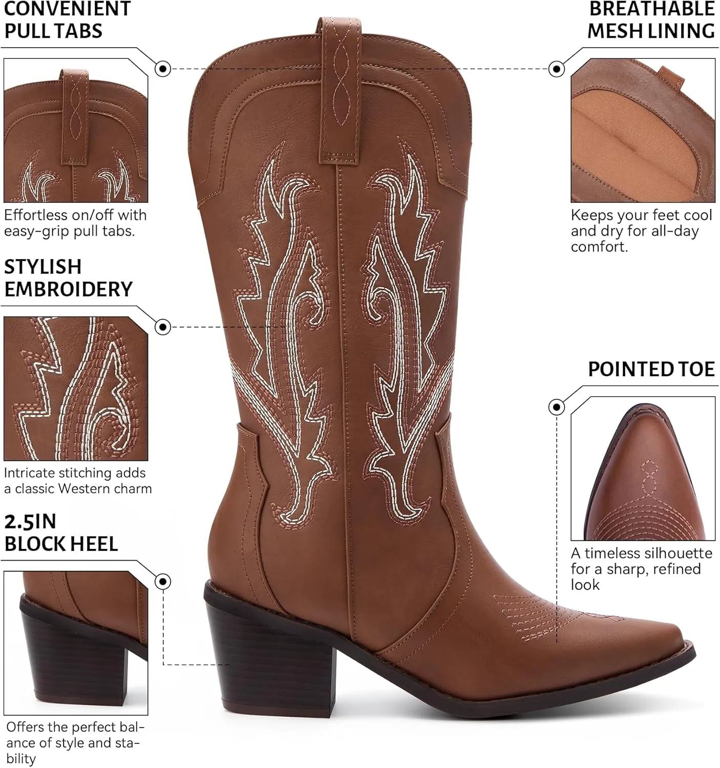Women's Cowboy Boots Pointed Toe Western Boots Embroidered Mid-Calf Chunky Block Heel Cowgirl Boots