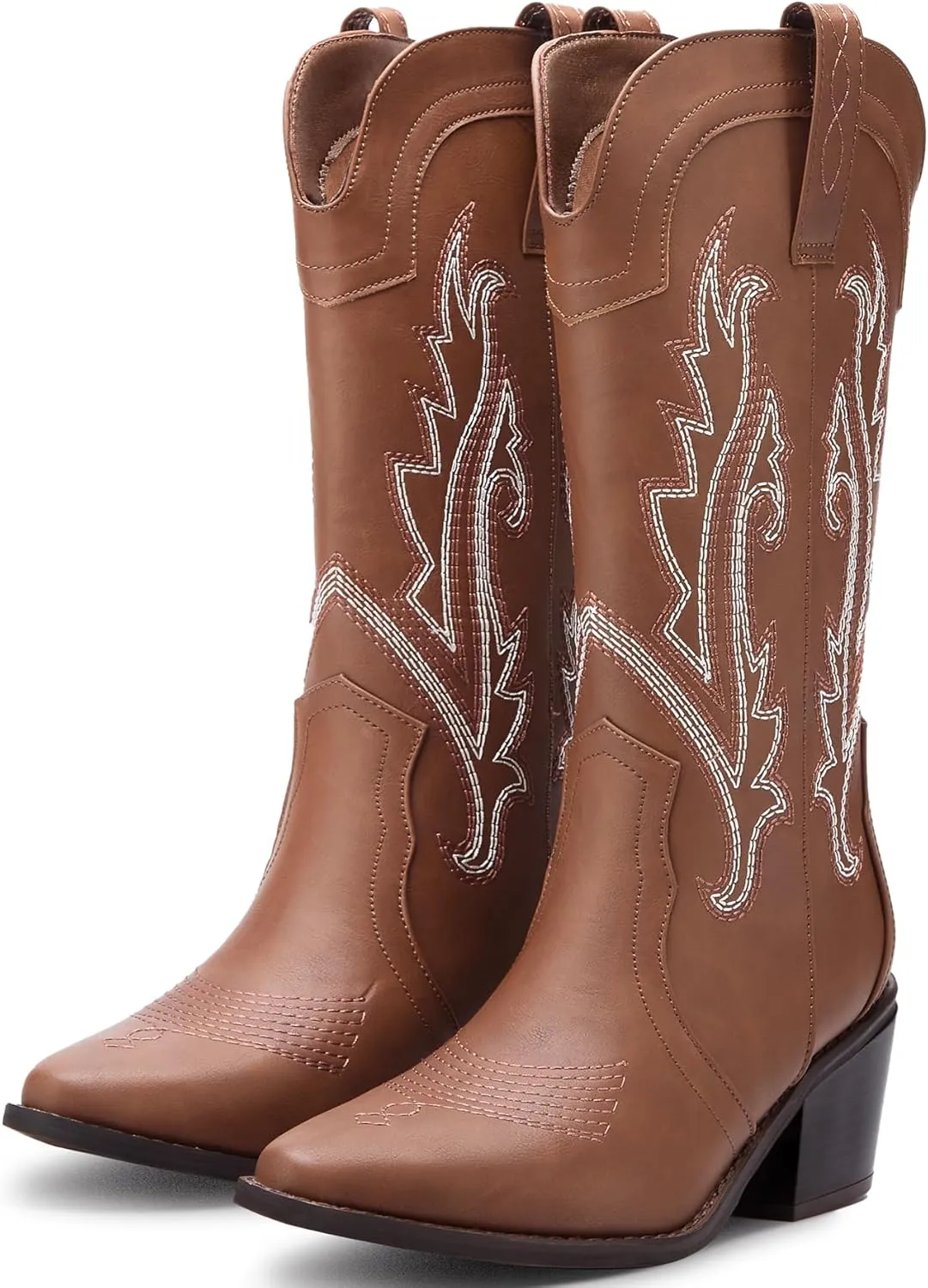 Women's Cowboy Boots Pointed Toe Western Boots Embroidered Mid-Calf Chunky Block Heel Cowgirl Boots