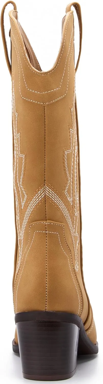 Women's Cowboy Boots Pointed Toe Western Boots Embroidered Mid-Calf Chunky Block Heel Cowgirl Boots