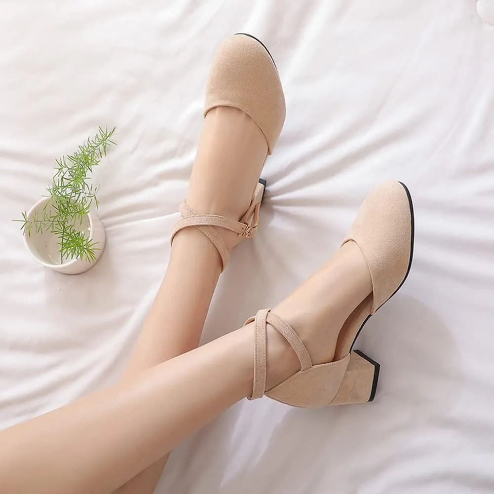 Womens Cross-tied Court Shoes Square Toe Low Block Heel Pumps Ladies Ankle Strap Sandals