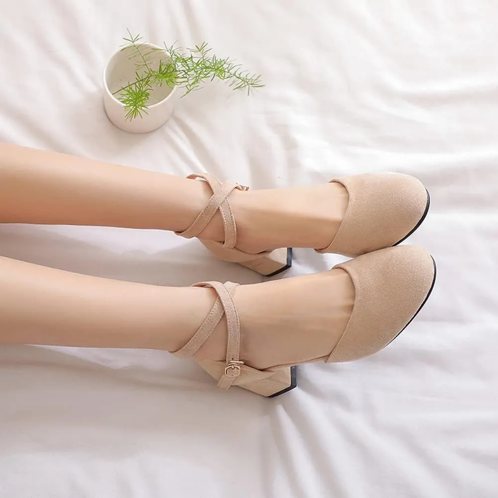 Womens Cross-tied Court Shoes Square Toe Low Block Heel Pumps Ladies Ankle Strap Sandals