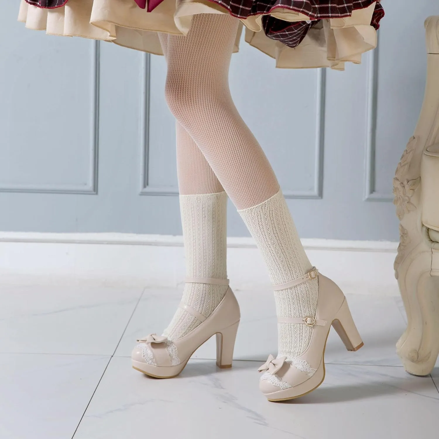 Women's Cute Buckle Chunky Block Mary Jane Bow Heels, Kawaii Ankle Strap Mary Jane Pumps, Vintage Almond Closed Toe Dress Platform Lolita Shoes