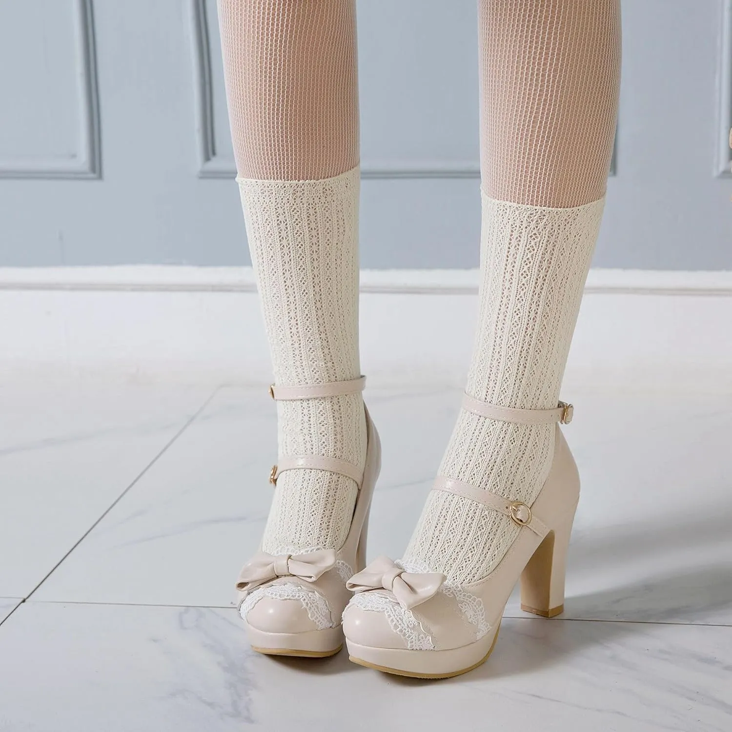 Women's Cute Buckle Chunky Block Mary Jane Bow Heels, Kawaii Ankle Strap Mary Jane Pumps, Vintage Almond Closed Toe Dress Platform Lolita Shoes