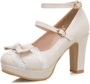 Women's Cute Buckle Chunky Block Mary Jane Bow Heels, Kawaii Ankle Strap Mary Jane Pumps, Vintage Almond Closed Toe Dress Platform Lolita Shoes