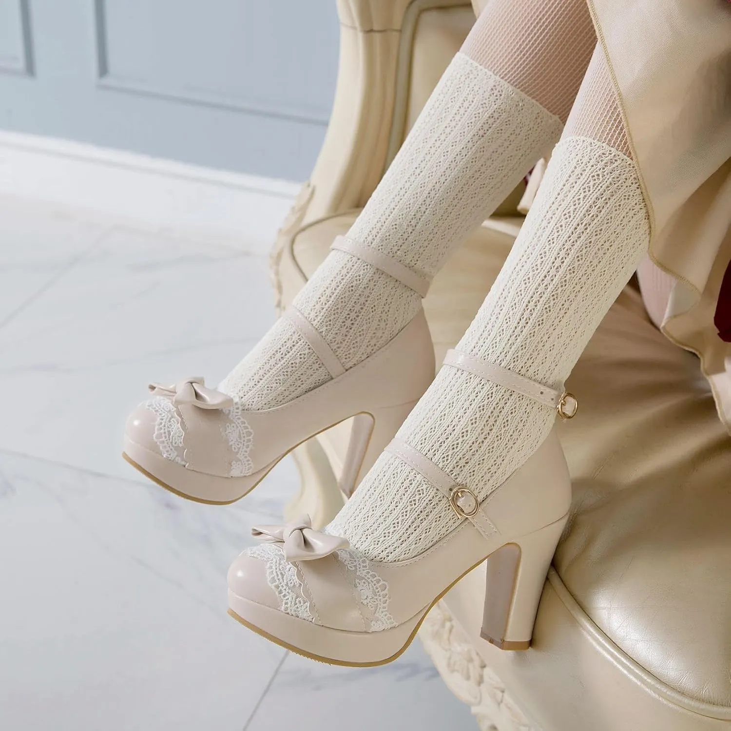 Women's Cute Buckle Chunky Block Mary Jane Bow Heels, Kawaii Ankle Strap Mary Jane Pumps, Vintage Almond Closed Toe Dress Platform Lolita Shoes