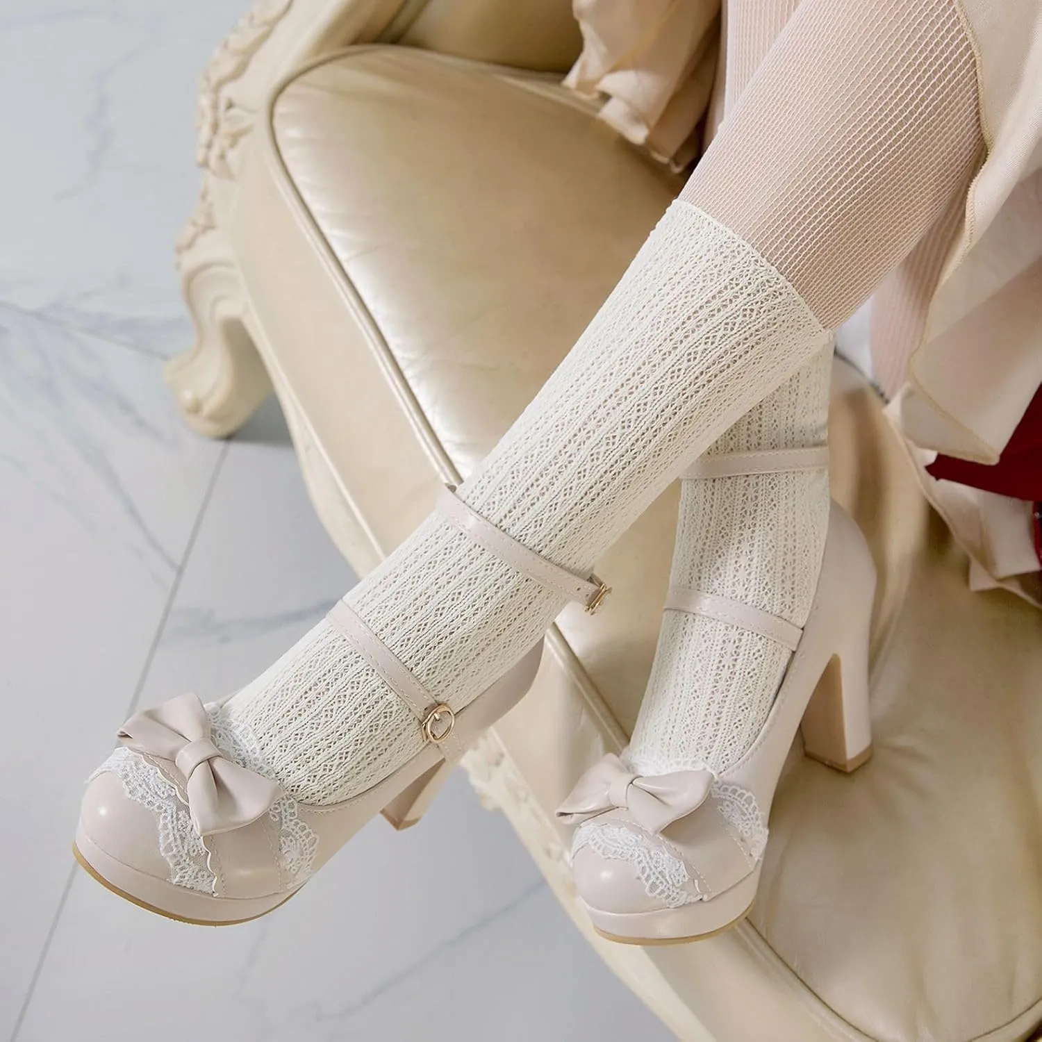 Women's Cute Buckle Chunky Block Mary Jane Bow Heels, Kawaii Ankle Strap Mary Jane Pumps, Vintage Almond Closed Toe Dress Platform Lolita Shoes