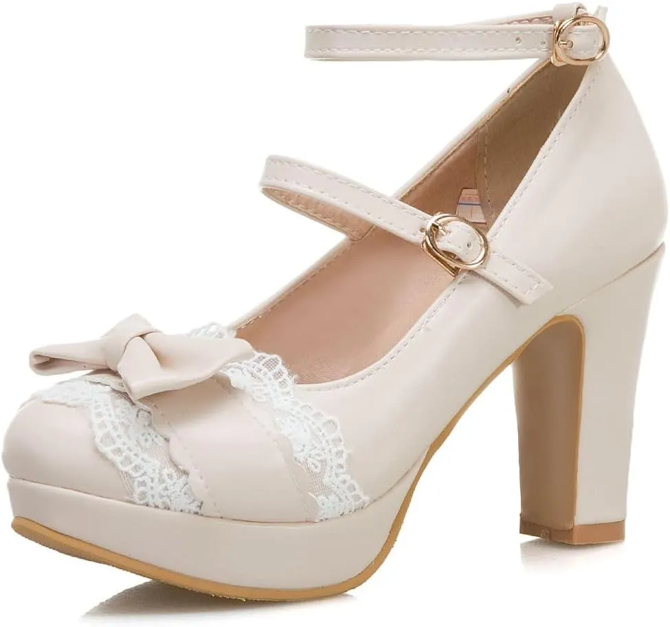 Women's Cute Buckle Chunky Block Mary Jane Bow Heels, Kawaii Ankle Strap Mary Jane Pumps, Vintage Almond Closed Toe Dress Platform Lolita Shoes