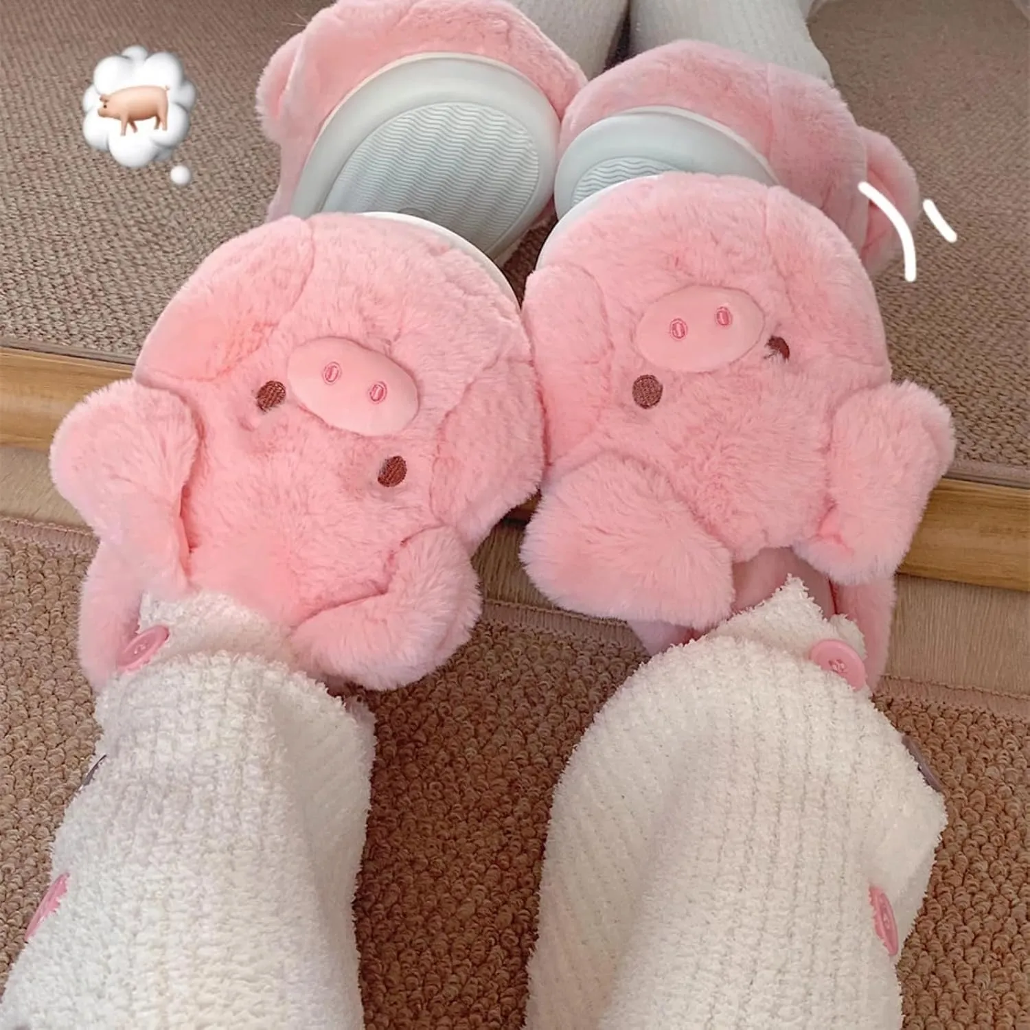 Women's Cute Piggy Plush Slippers for Winter, Indoor Fuzzy Slip-on Home Shoes
