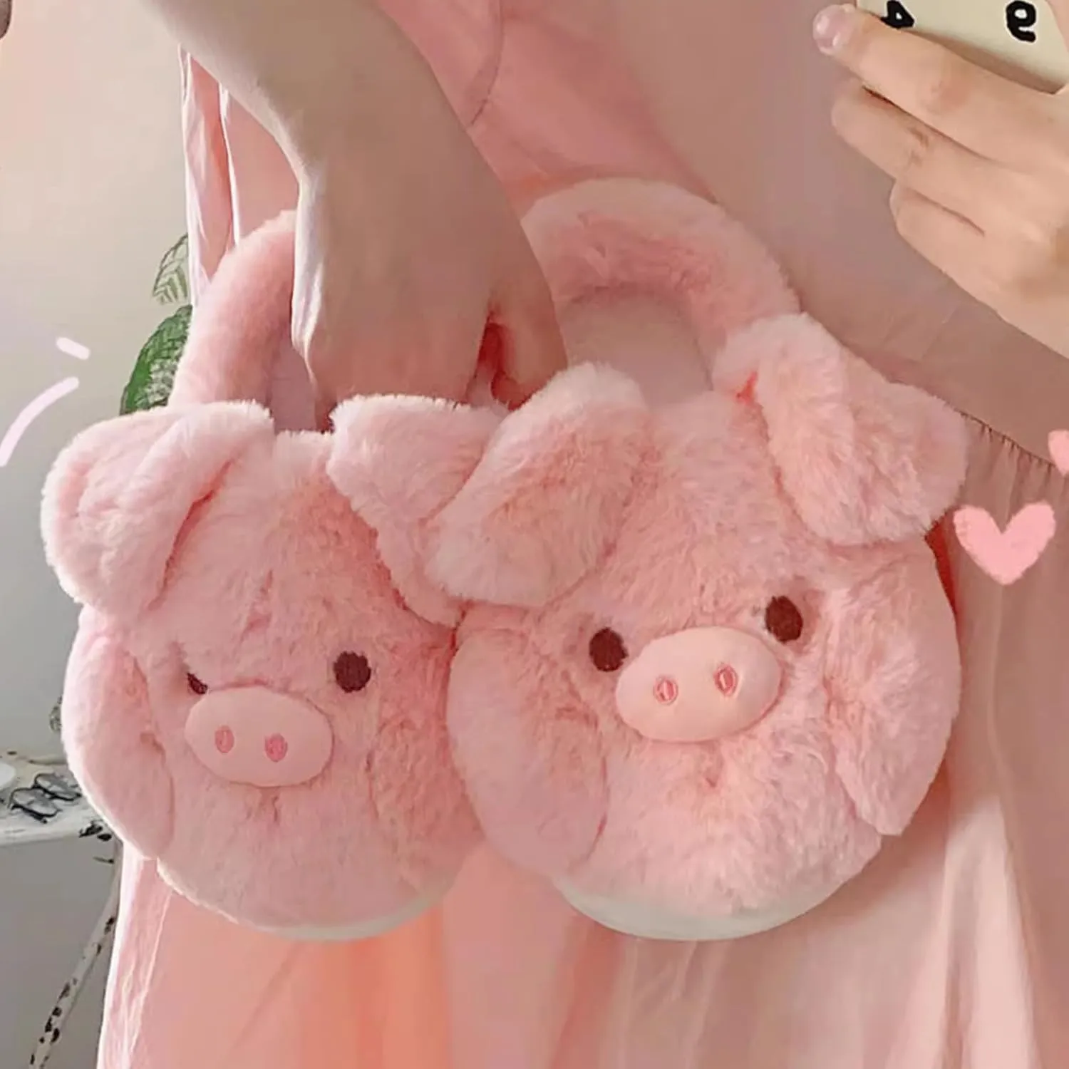Women's Cute Piggy Plush Slippers for Winter, Indoor Fuzzy Slip-on Home Shoes