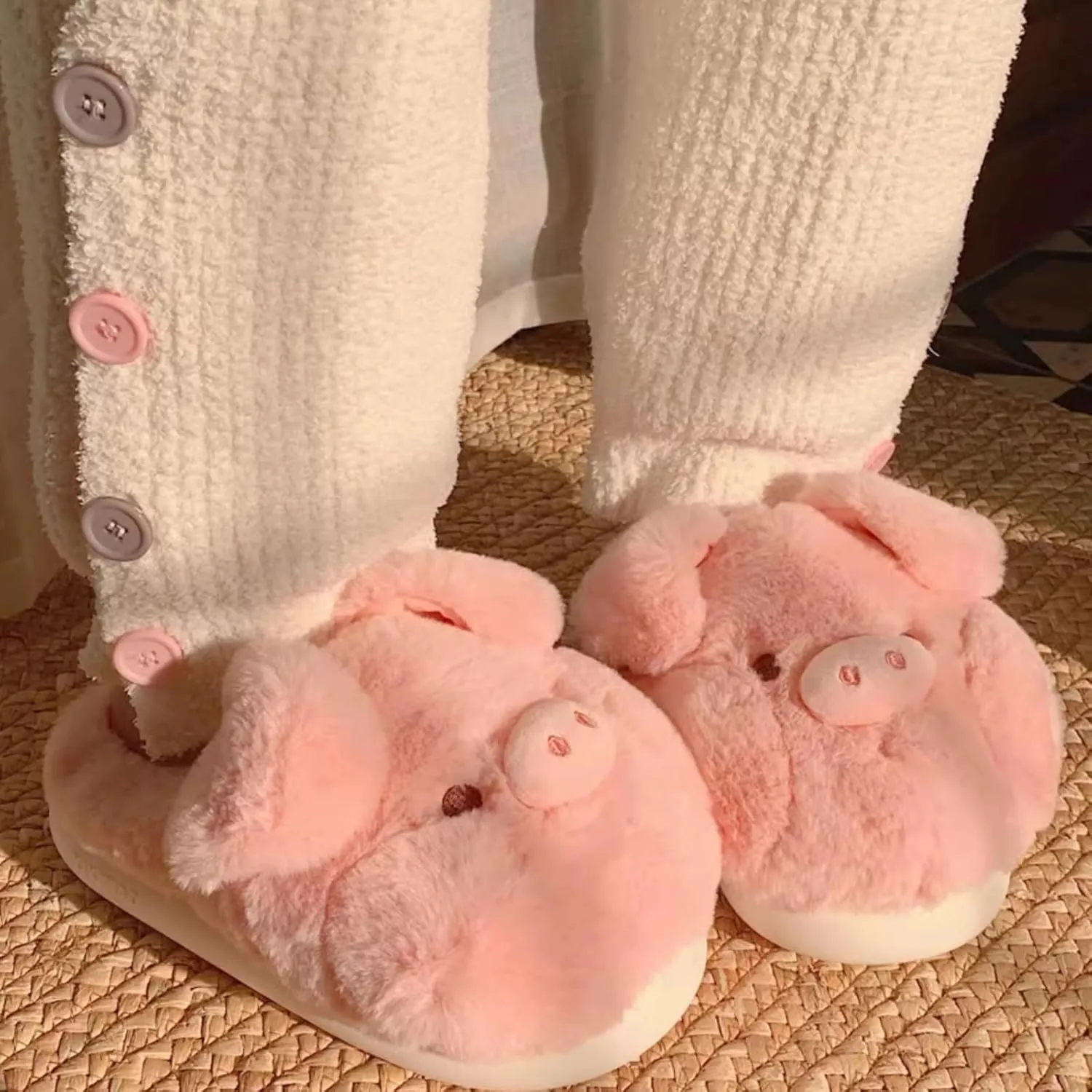 Women's Cute Piggy Plush Slippers for Winter, Indoor Fuzzy Slip-on Home Shoes