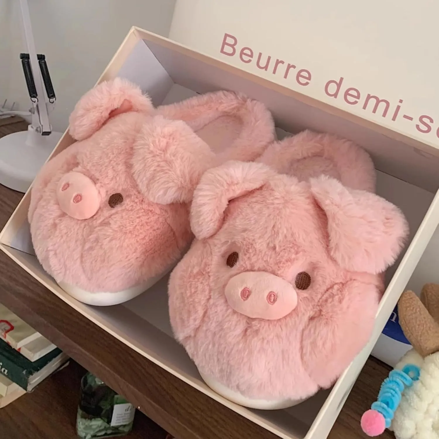 Women's Cute Piggy Plush Slippers for Winter, Indoor Fuzzy Slip-on Home Shoes