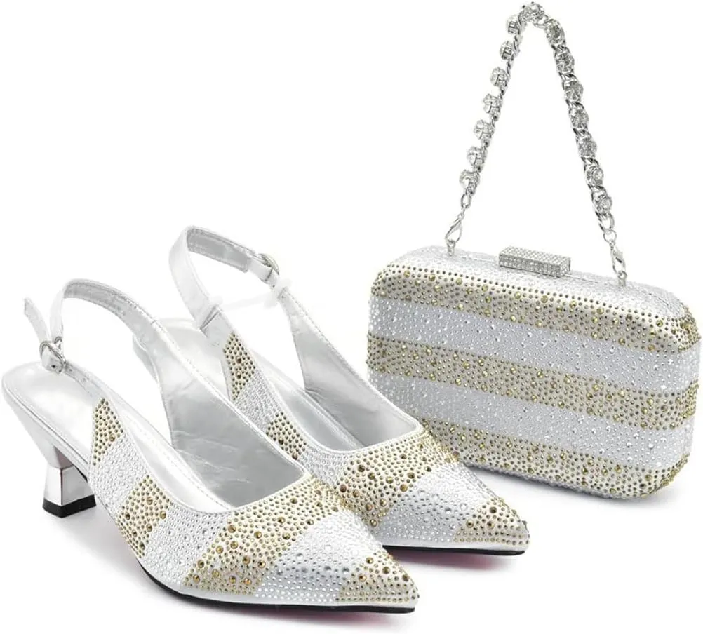 Women’S Elegant Heeled Shoes and Bag Set for Wedding Party Slingbacks Pumps with Matching Handbag