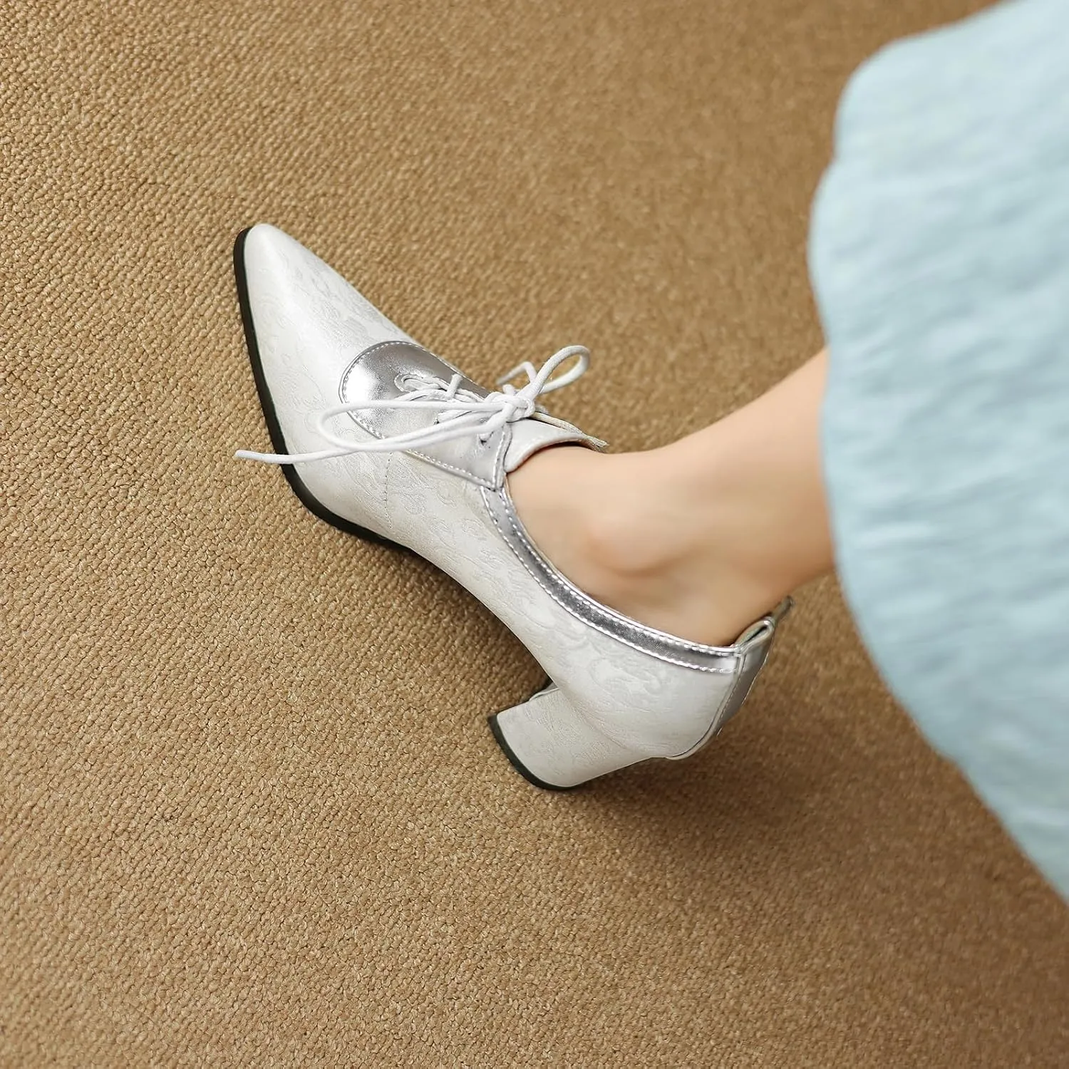Womens Elegant Lace up Pumps Fashionable Pointed Toe Oxfords with Block Heel