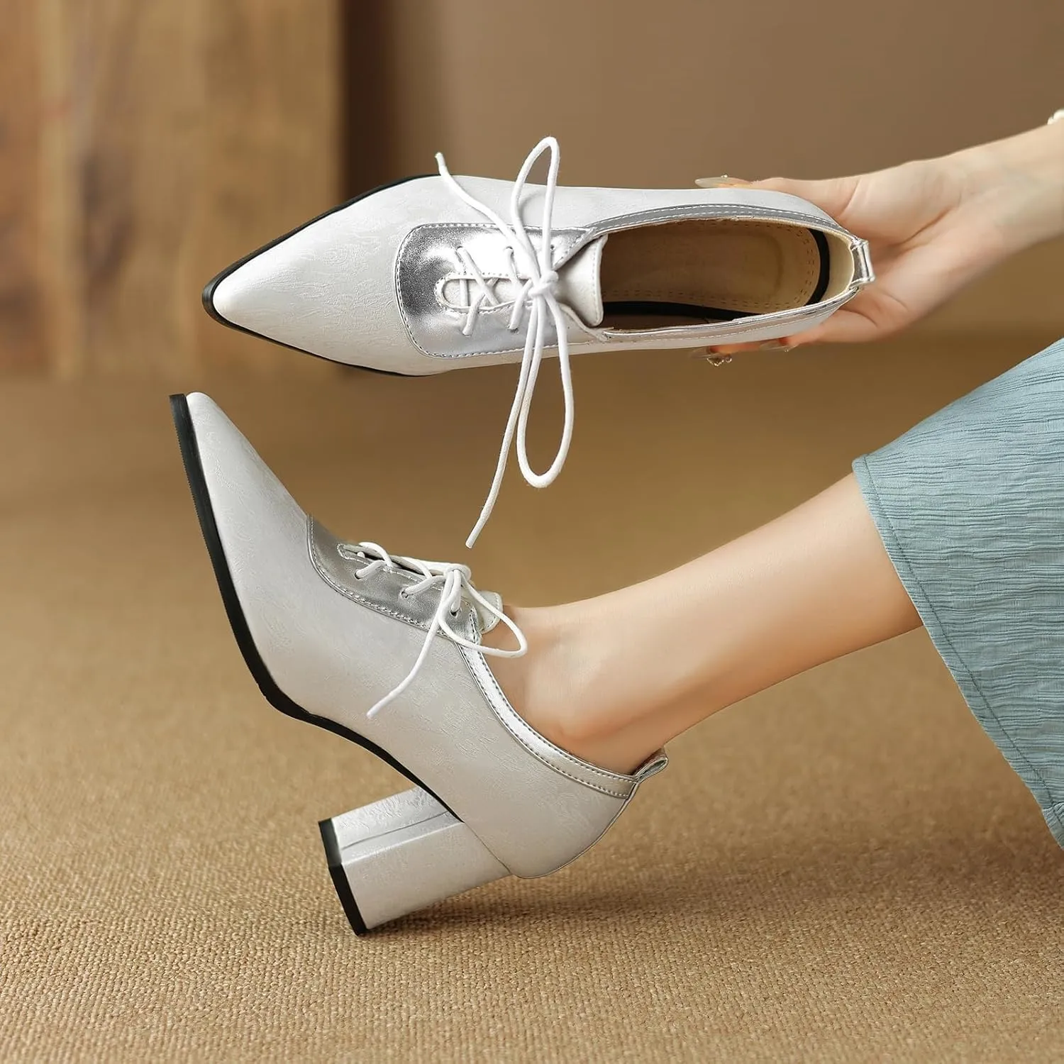 Womens Elegant Lace up Pumps Fashionable Pointed Toe Oxfords with Block Heel