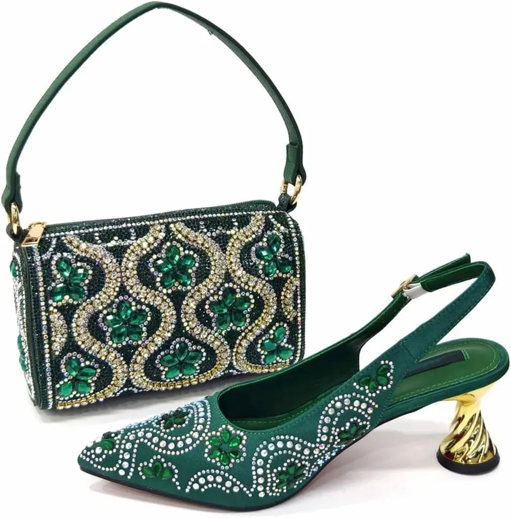 Women's Elegant Lace Upper Pointed Toe Pump and Clutch Set with Crystal Details for Special Events