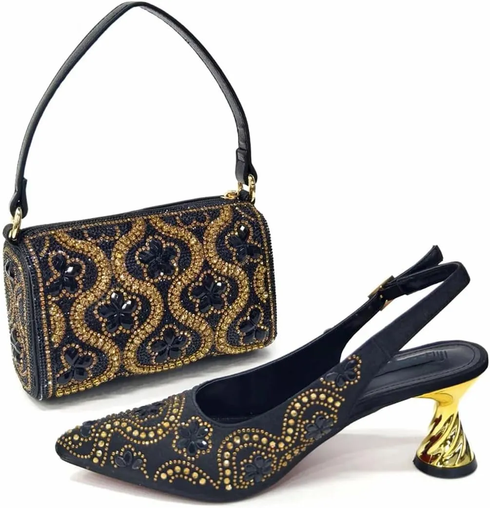 Women's Elegant Lace Upper Pointed Toe Pump and Clutch Set with Crystal Details for Special Events