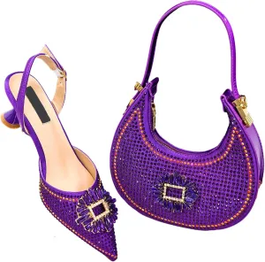 Womens Elegant Rhinestone Pattern Evening Shoes and Purse Combo Pointed Toe High Heels for Bridal Party