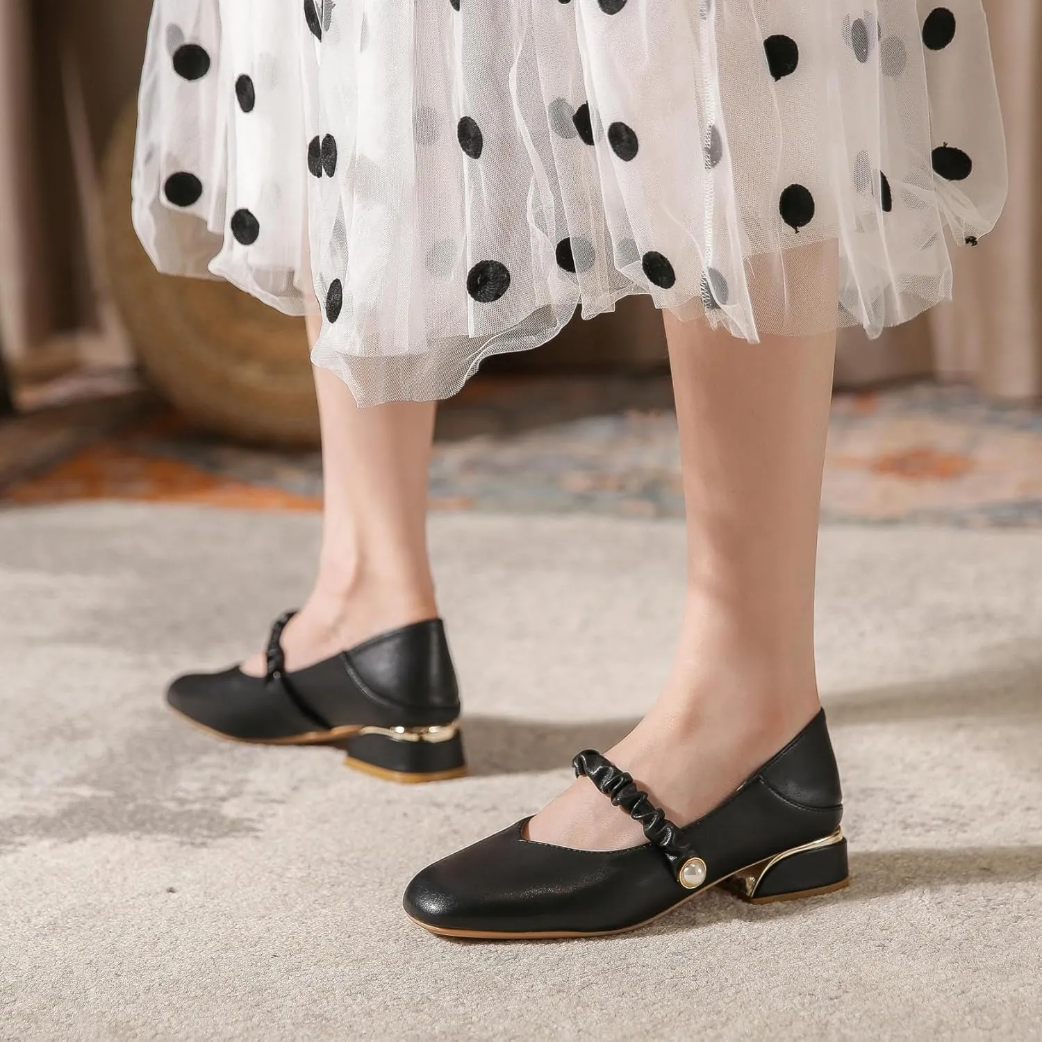 Women's Elegant Square Toe Mary Jane Shoes Low Top Block Heel Pumps