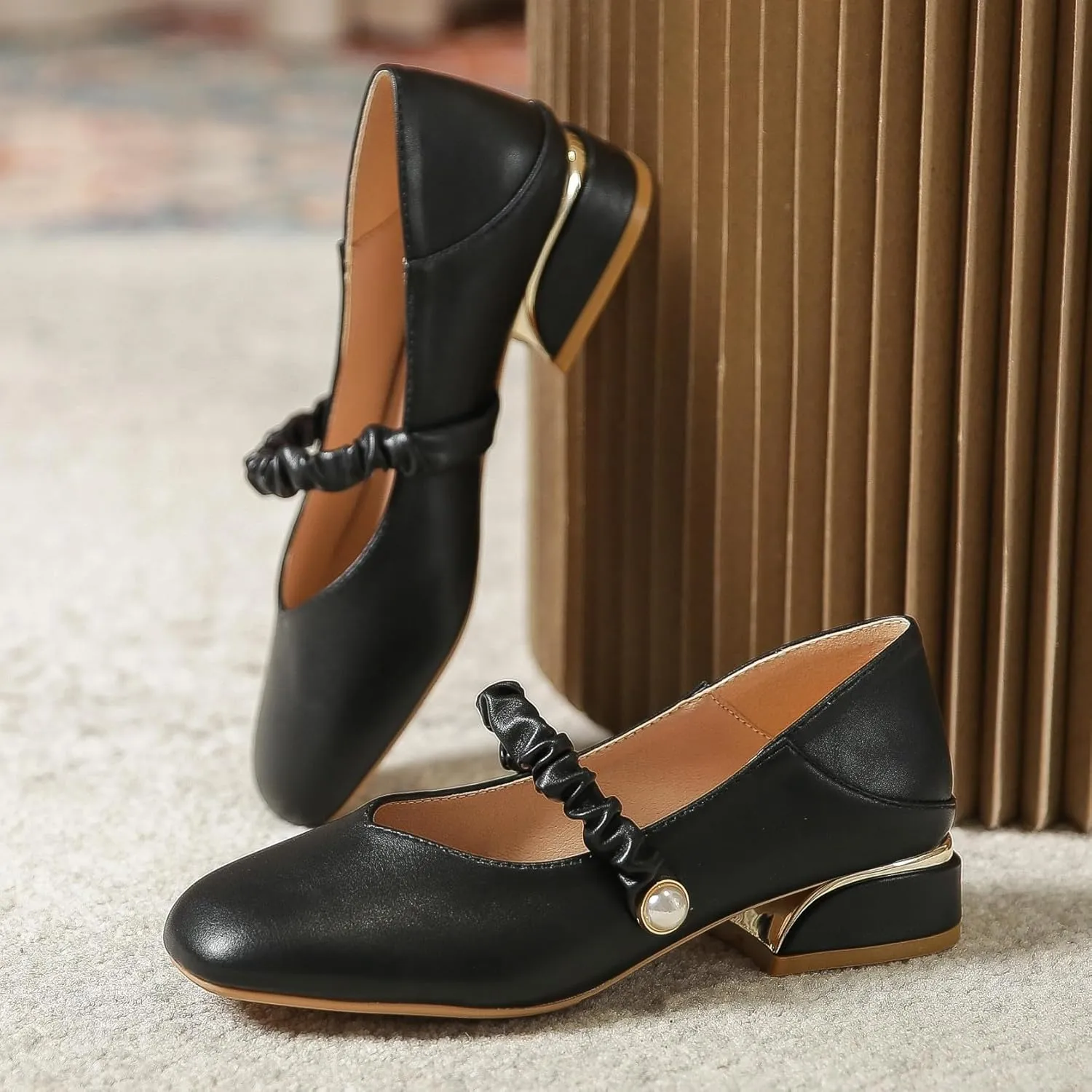 Women's Elegant Square Toe Mary Jane Shoes Low Top Block Heel Pumps