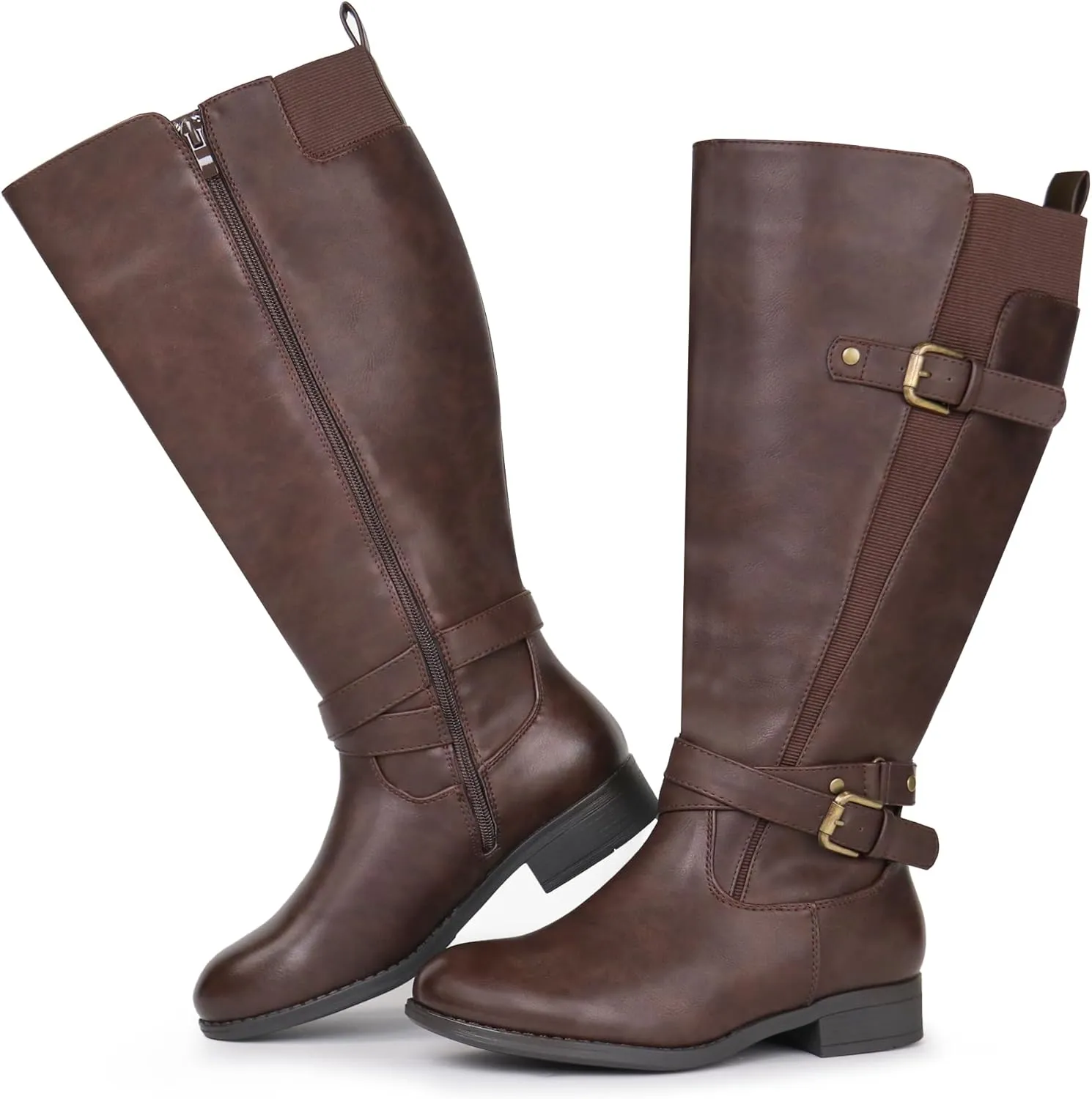 Women's Extra Wide Calf Low Heel Ankle Strap Sleek Design Knee High Riding Boots