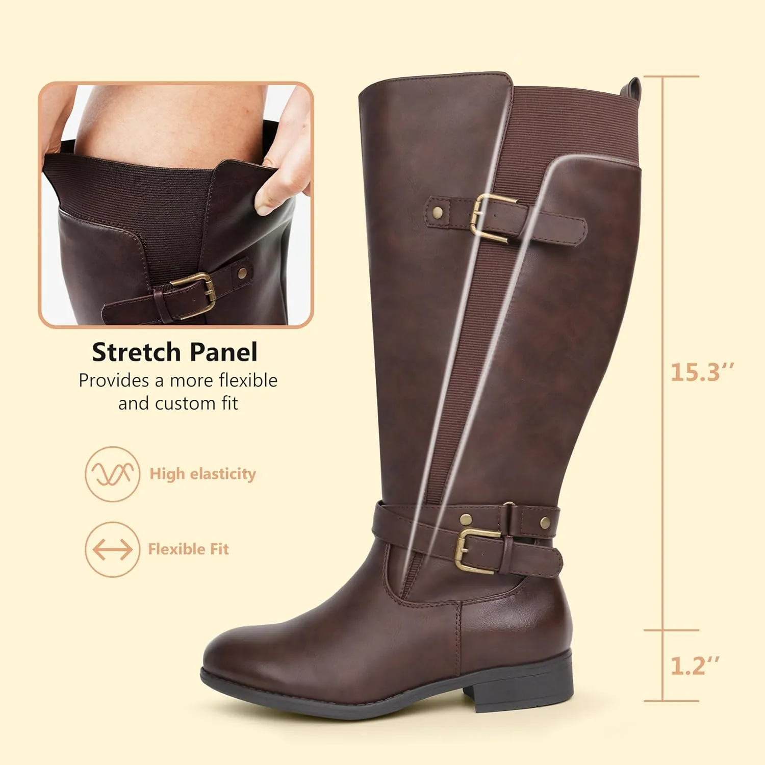 Women's Extra Wide Calf Low Heel Ankle Strap Sleek Design Knee High Riding Boots