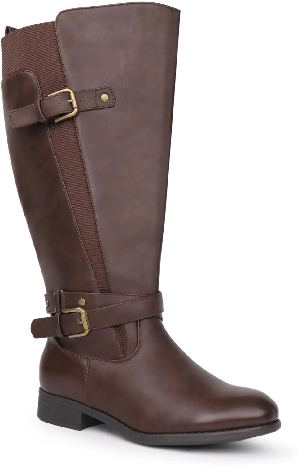 Women's Extra Wide Calf Low Heel Ankle Strap Sleek Design Knee High Riding Boots