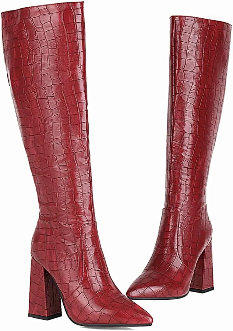Women's Faux Crocodile Chunky Heel Knee High Boots Pointed Toe Comfortable High Heel Tall Boots Fall Winter Boots