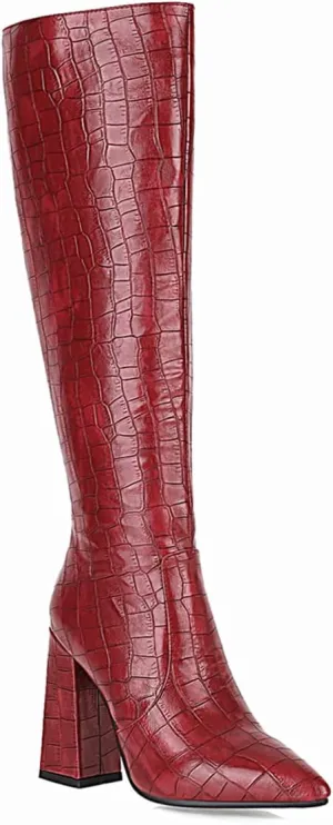 Women's Faux Crocodile Chunky Heel Knee High Boots Pointed Toe Comfortable High Heel Tall Boots Fall Winter Boots